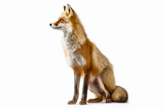 Close up of fox sitting on white surface with its head turned to the side. Generative AI.