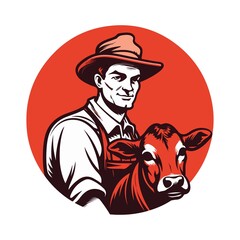 farmer cattle cow logo, farm livestock emblem mascot logo illustration