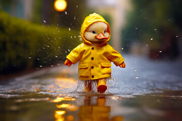 Toy duck in yellow raincoat splashing in puddle of water. Generative AI.