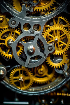 Close up of clock face with yellow and black gears on it. Generative AI.