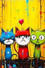 Image of three cats standing in front of painting of balloon. Generative AI.