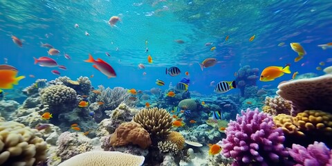 Naklejka na ściany i meble AI Generated. AI Generative. Underwater scuba dining scene background. Shell, starfish, coral, fish surface. Adventure vacation explore vibe. Graphic Art