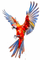 Fototapeta premium Colorful parrot flying through the air with it's wings spread out. Generative AI.