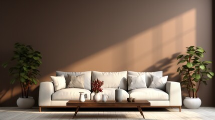 Fototapeta na wymiar Modern interior design of living room with white sofa, coffee table, soft stucco wall. Created with generative AI.