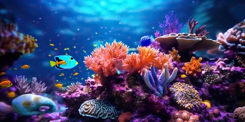 AI Generated. AI Generative. Underwater scuba dining scene background. Shell, starfish, coral, fish surface. Adventure vacation explore vibe. Graphic Art