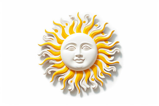 White and yellow sun with face on it's side, on white background. Generative AI.