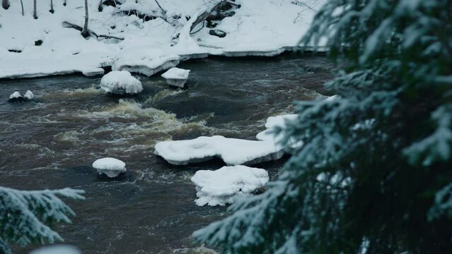 Selective-focus view of snowy rocks in a streaming river