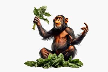 Chimpan sitting on the ground with leaf in his hand. Generative AI.