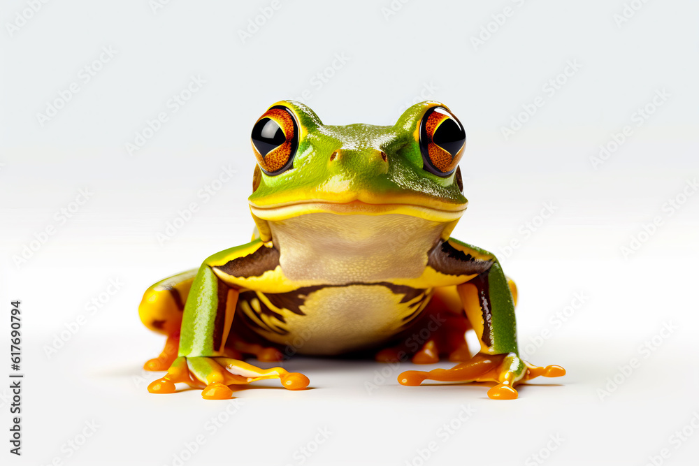 Poster close up of frog on white background with white background. generative ai.