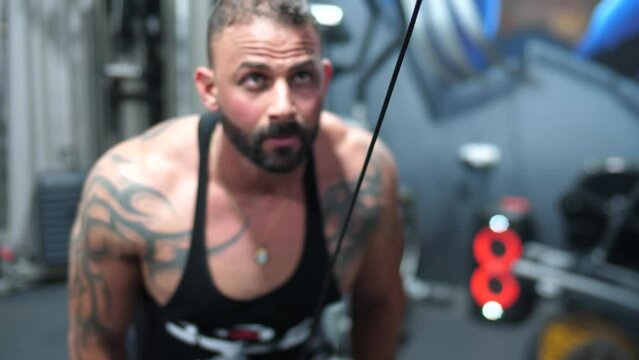 A muscular male bodybuilder lifting weights at the gym working on his backhand
