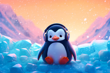 Penguin with headphones sitting on rock in front of mountain. Generative AI.