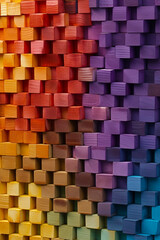 Multicolored wall of wooden blocks with rainbow of colors in the background. Generative AI.