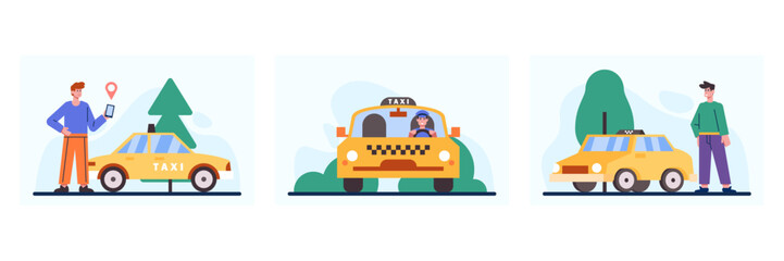 Fototapeta premium Set of passengers and taxi driver. Male holding mobile phone and ordering taxi. Taxi on way to client. Online car order via smartphone. Vector flat illustration in green and yellow colors