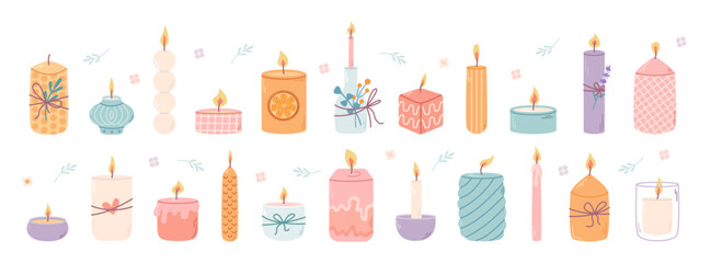 Cute set various candles. Different shapes and sizes. Decorative aroma wax candles for relax and spa. Vector flat illustration in hand drawn style