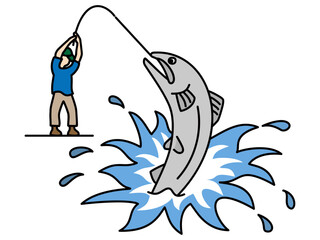 ヒットした魚と格闘し釣り上げようとする釣り人のイラスト