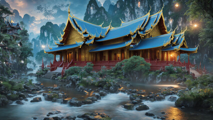 Obraz premium In the morning atmosphere, there is a Thai temple with a big mountain.
