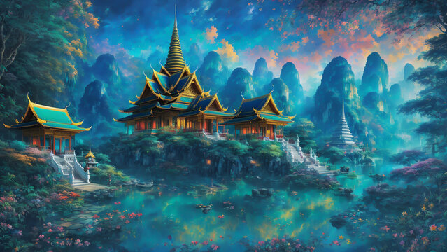 Beautiful Thai temple surrounded by lush green mountains and framed by a breathtaking evening sky creating a harmonious of nature and spirituality.
