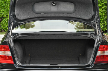 rear view of the car open trunk The exterior of a modern, modern car empty trunk.