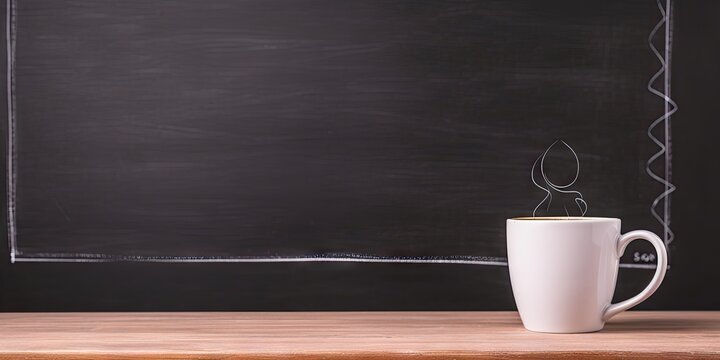 Tabletop temptations. Close up of white cup of espresso coffee on blackboard background