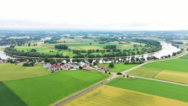 Aerial view, drone video of the river loop near Osterhofen with view of the Danube near Muehlham. Osterhofen, Deggendorf, Lower Bavaria, Bavaria, Germany, Europe