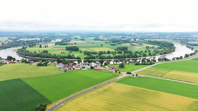 Aerial view, drone video of the river loop near Osterhofen with view of the Danube near Muehlham. Osterhofen, Deggendorf, Lower Bavaria, Bavaria, Germany, Europe
