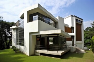 Exterior modern white villa with pool and garden