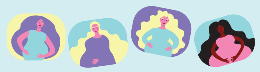 Pregnant women isolated as unity concept for design, set or collection, flat vector stock illustration