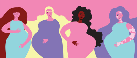 Diverse pregnant women together as concept of female prenatal period, feminism, childbearing, flat vector stock illustration