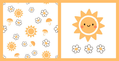 Seamless pattern with daisy flower, mushroom and sun on white background. Sun cartoon icon sign and daisy flower vector illustration.