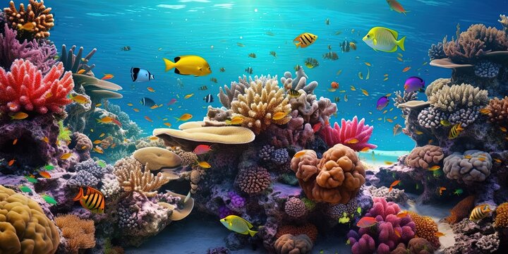 Coral reef with multicolored fishes, underwater view of detailed realistic ocean life in vivid colors