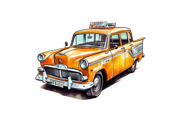 Yellow vintage car painting on a white background