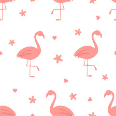 Obraz premium Seamless pattern with pink flamingo, flower and hearts on white background vector illustration.