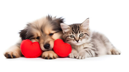 kitten and puppy sleeping on white background with red heart toy created with Generative AI