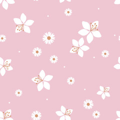 Seamless pattern with daisies and cute flower on pink background vector illustration.