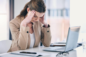 Woman, headache and stress in business, working at computer, desk with pain or corporate office of...