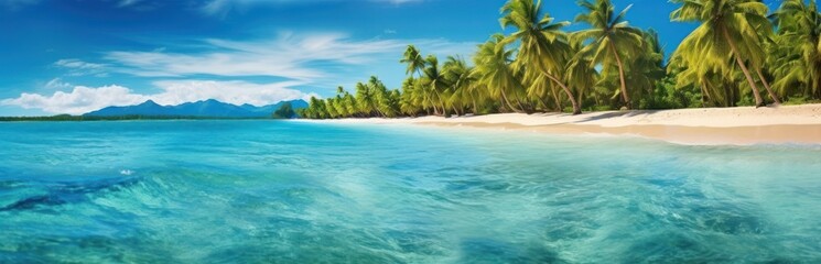 Naklejka na ściany i meble Tropical summer sand beach and bokeh sun light on sea background. Generative AI