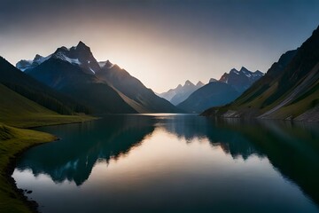 Witness the majestic dawn as the sun gently rises over towering mountains, casting its warm glow on the tranquil landscape. AI art captures the breathtaking beauty of this moment, showcasing 