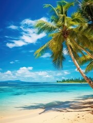 Plakat Tropical summer sand beach and bokeh sun light on sea background. Generative AI