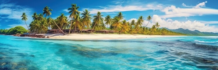 Obraz na płótnie Canvas Tropical summer sand beach and bokeh sun light on sea background. Generative AI