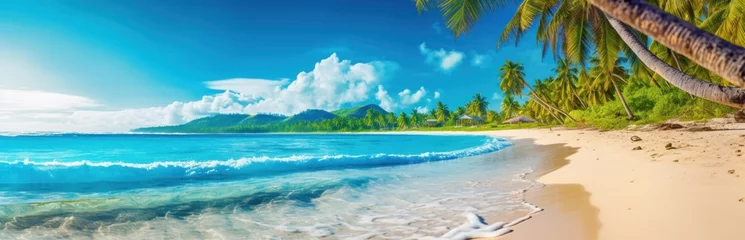 Deurstickers Tropical summer sand beach and bokeh sun light on sea background. Generative AI © Viktor