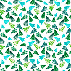 Watercolor seamless pattern with green stylized Christmas trees