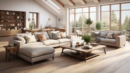 Obraz na płótnie Canvas Interior design of modern scandinavian apartment, living room and dining room. Created with generative AI.