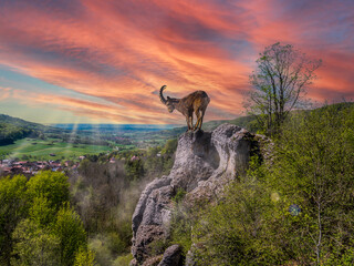 Mountain goat on a rock in the countryside