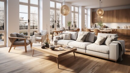 Interior design of modern scandinavian apartment, living room and dining room. Created with generative AI.
