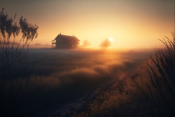 a lone house is surrounded by grass and the sun rises