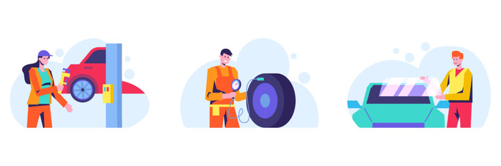 Set of different workers working in car service. Woman refueling car with gasoline on gas station. Male checking tire pressure with tool. Man doing windshield replacement. Flat vector illustration