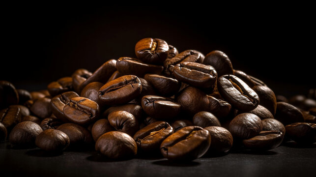 Brown roasted coffee beans, seed on dark background. Espresso dark, aroma, black caffeine drink