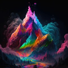 a psychedelic mountain landscape, with water bubbles floating in the air
