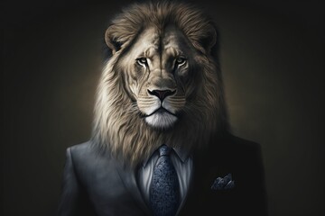 lion in a suit wearing a blue tie and a jacket