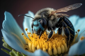 a bee that is sitting on top of a flower in the middle of a picture